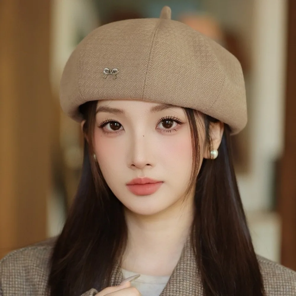 

Fashion Bow Women Berets Elastic Solid Color British Beanie Hat Keep Warm Korean Style Artist Hat Ladies