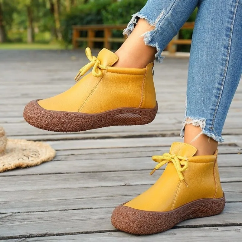 Ladies Bootswinter Fashion Casual Round Head Flat Bottom Short Tube Solid Color Front Lace-up Fashion Boots Work Shoes Plus Size