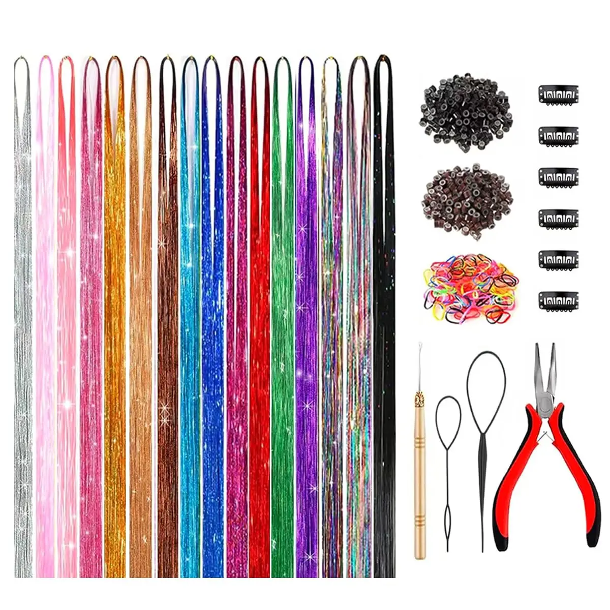 

48" Hair Tinsel Kit, 16 Colors, 3200 Strands, Heat Resistant Fairy Hair Extensions with Tools