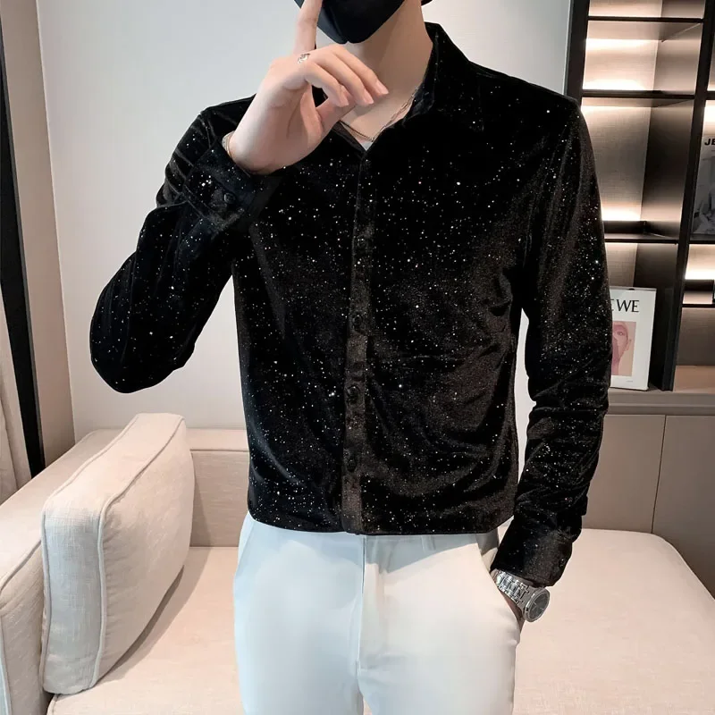 Spring Velvet Mens Multicolor Sequins Shirt Tops Fashion Turndown Collar Long Sleeved Chemise Homme De Luxe Slim Club Blouse Men