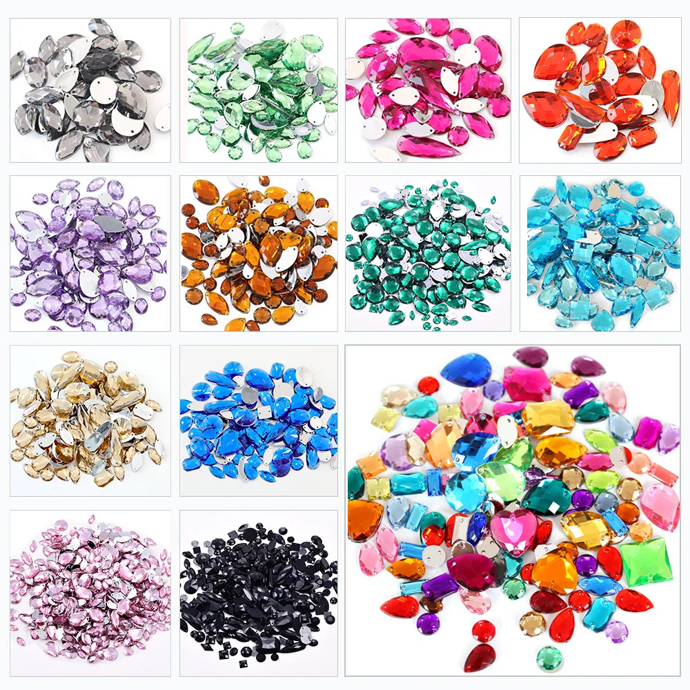 100 peças gemas de costura formas mistas cristal acrílico costurar em strass com 2 furos tamanhos mistos strass de costura para roupas sapatos