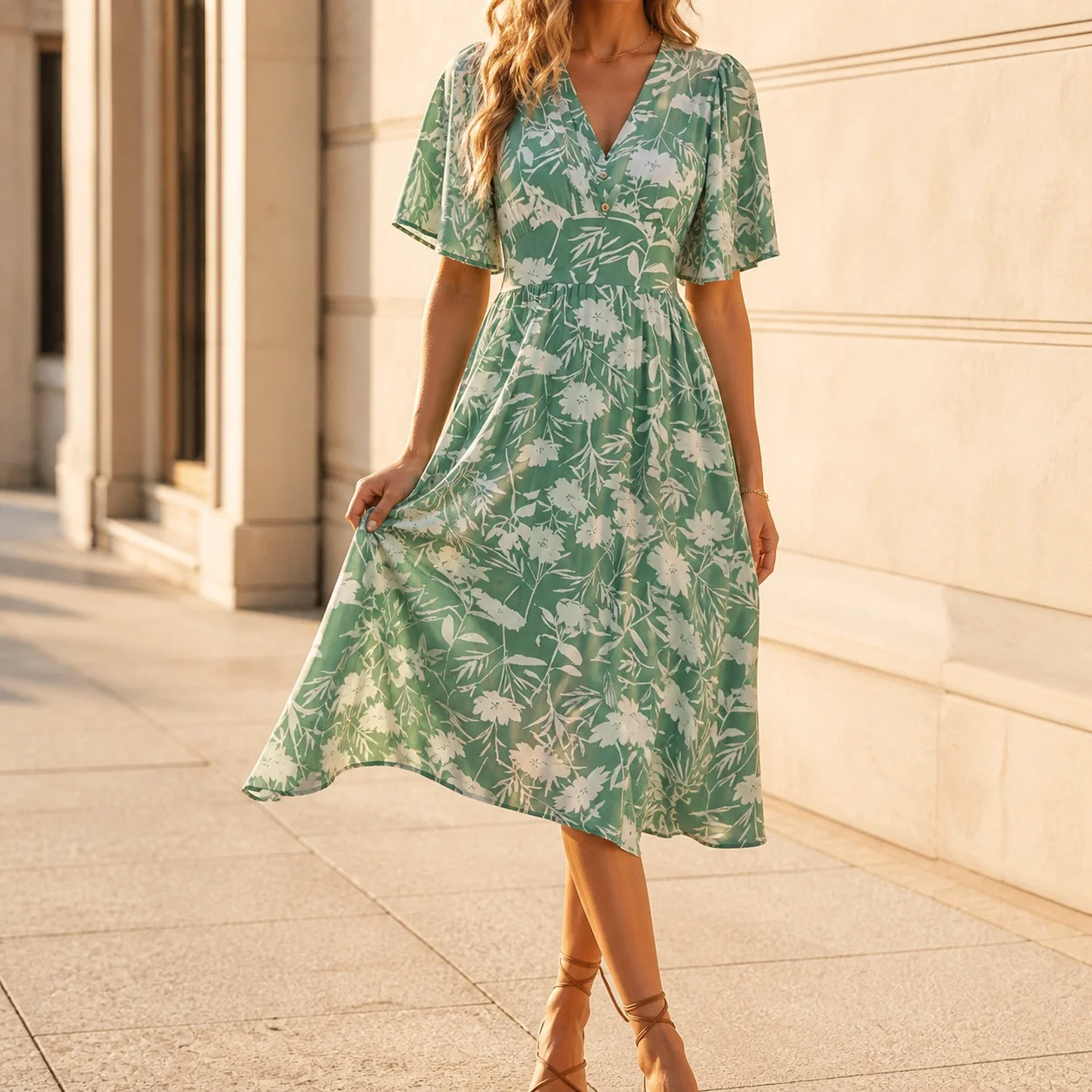 Women's V Neck Half Sleeve Floral Print Ruffle Wrap Waist Knee Length Cotton Pullover Dress for Women Summer Casual Wear