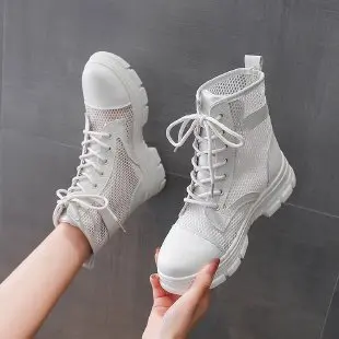 New Summer Thin Ankle Boots Solid Color with British Style Flat Hollow Mesh Boots Women\'s Mesh Breathable Doc Martens Boots