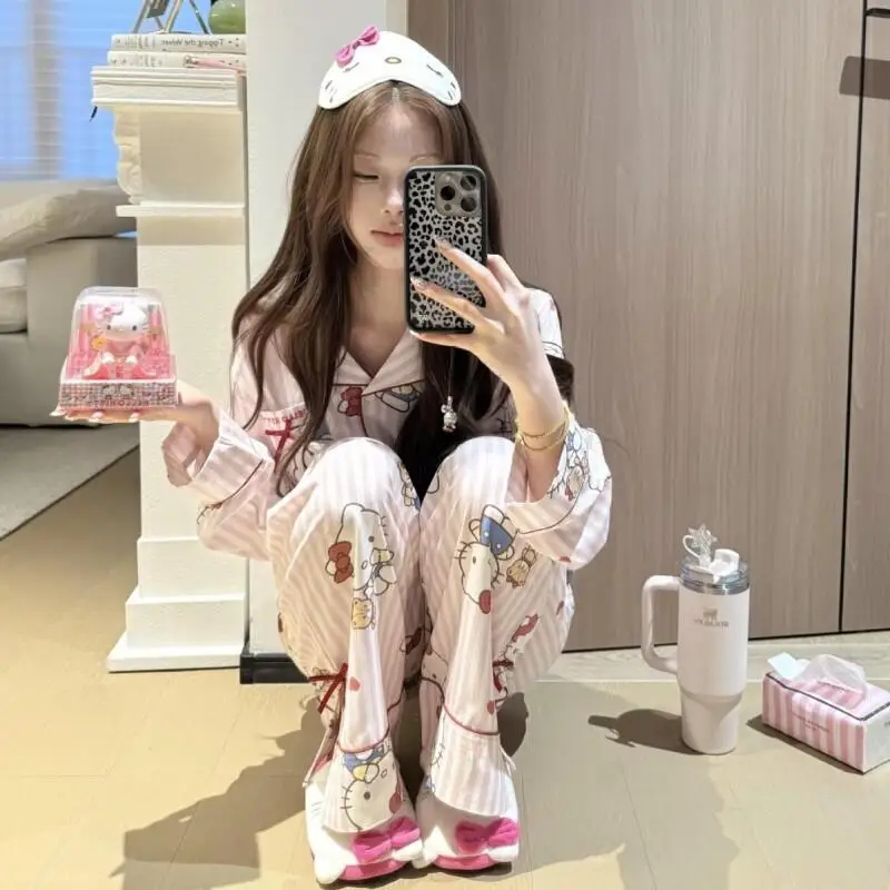

Stripes Cute Hello Kitty Pajamas Women Spring Autumn New Sweet Girls Homewear Loungewear Can Be Worn Outside Nightwear Set