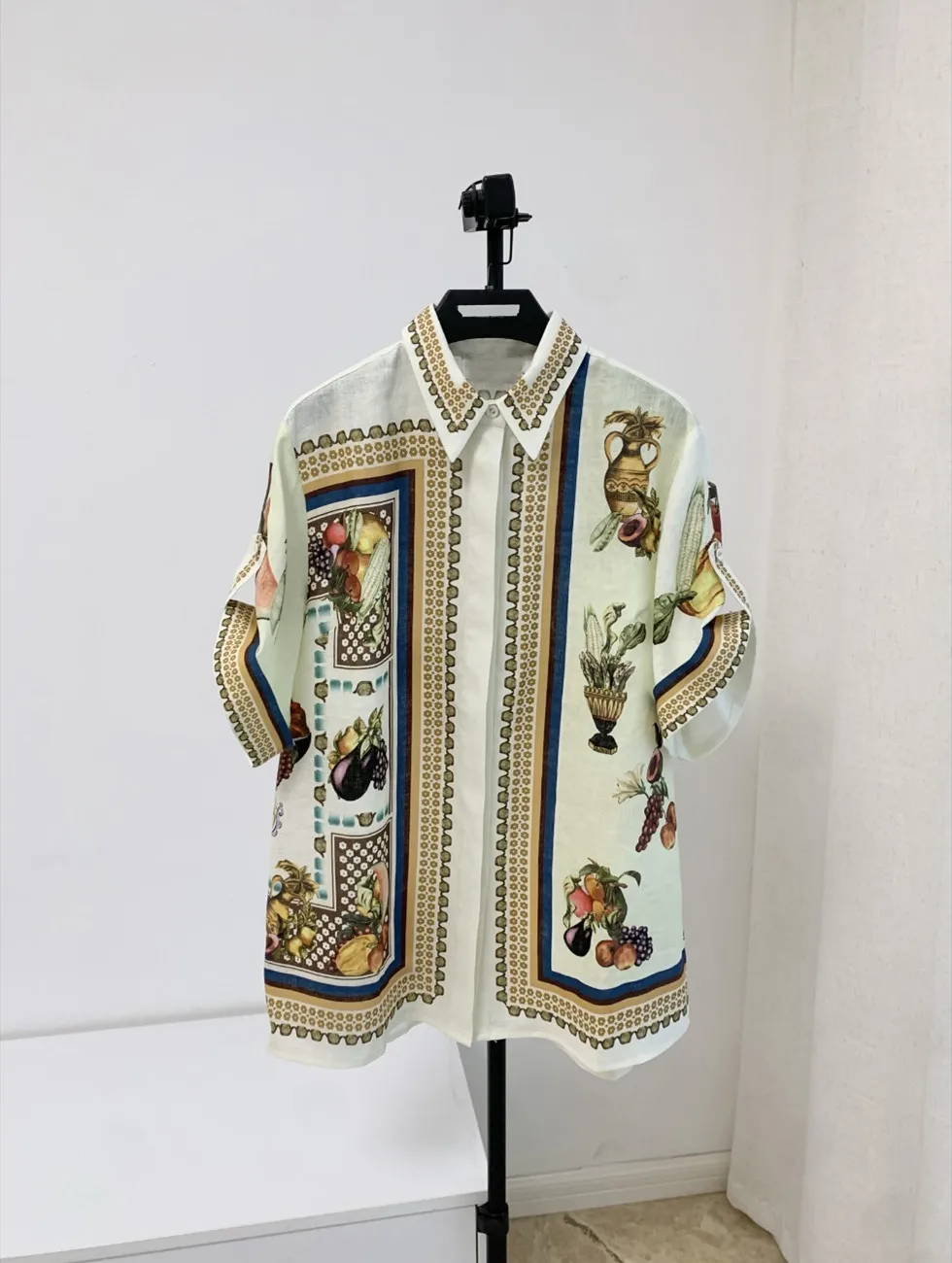 

Women Fruits Printed Single Breasted Short Sleeve Linen Blouse + High Waist Skirt+ Draw String Long Pants