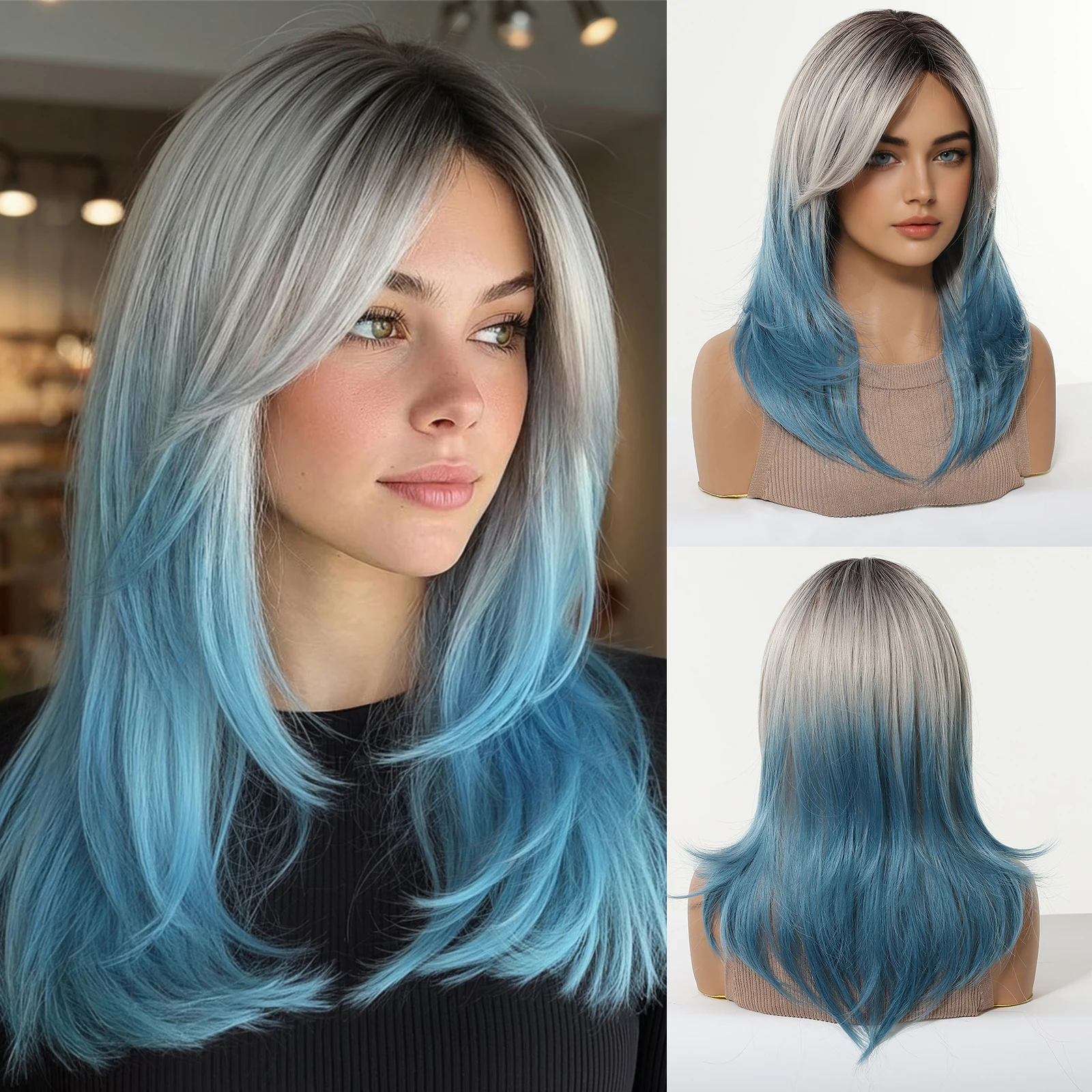 

GEMMA Ombre Blue Synthetic Layered Wigs with Bangs Long Straight Hair Wig Natural Dark Roots Wig for Women Party Heat Resistant