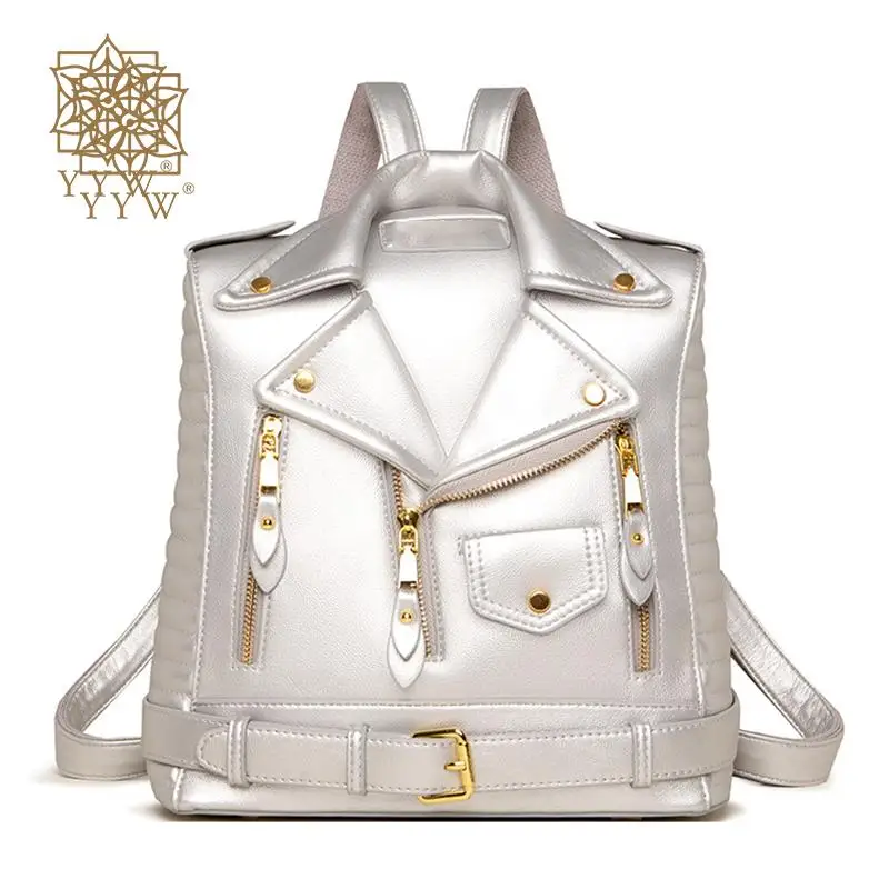 Silver Women\'S Leather Backpack Punk Moto Biker Style PU Leather Shoulder Totes Jacket Shape Women Personalized Backpack Unisex