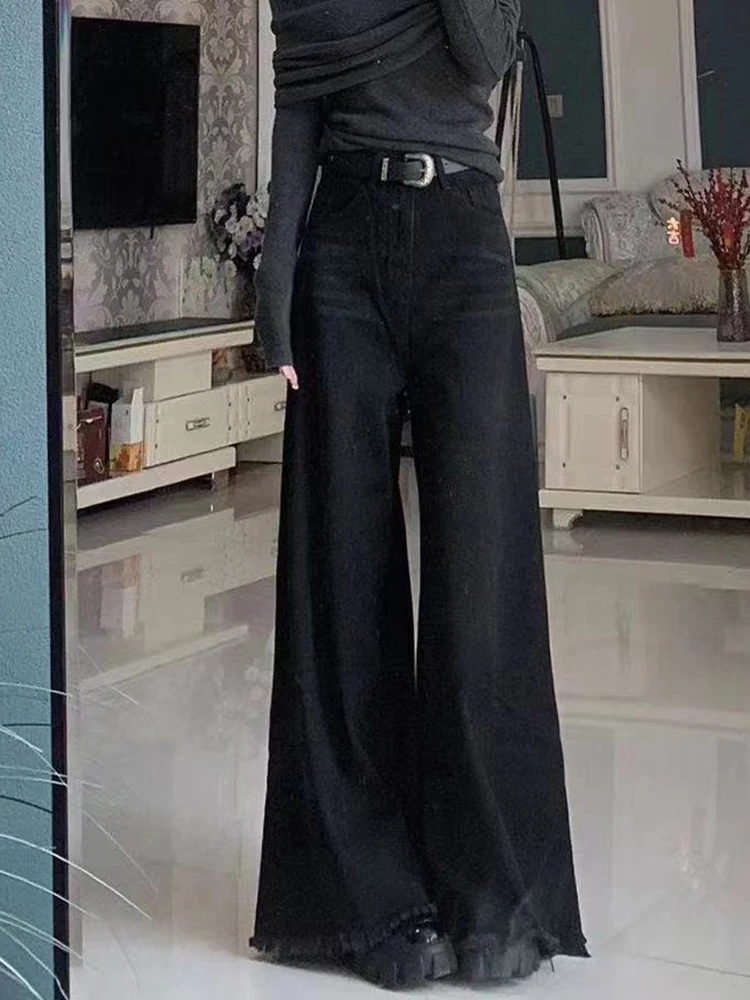 

Черные широкие джинсы женские осенние винтажные джинсовые брюки с необработанными краями и кисточками свободные уличные брюки с высокой талией в стиле Харадзюку новые