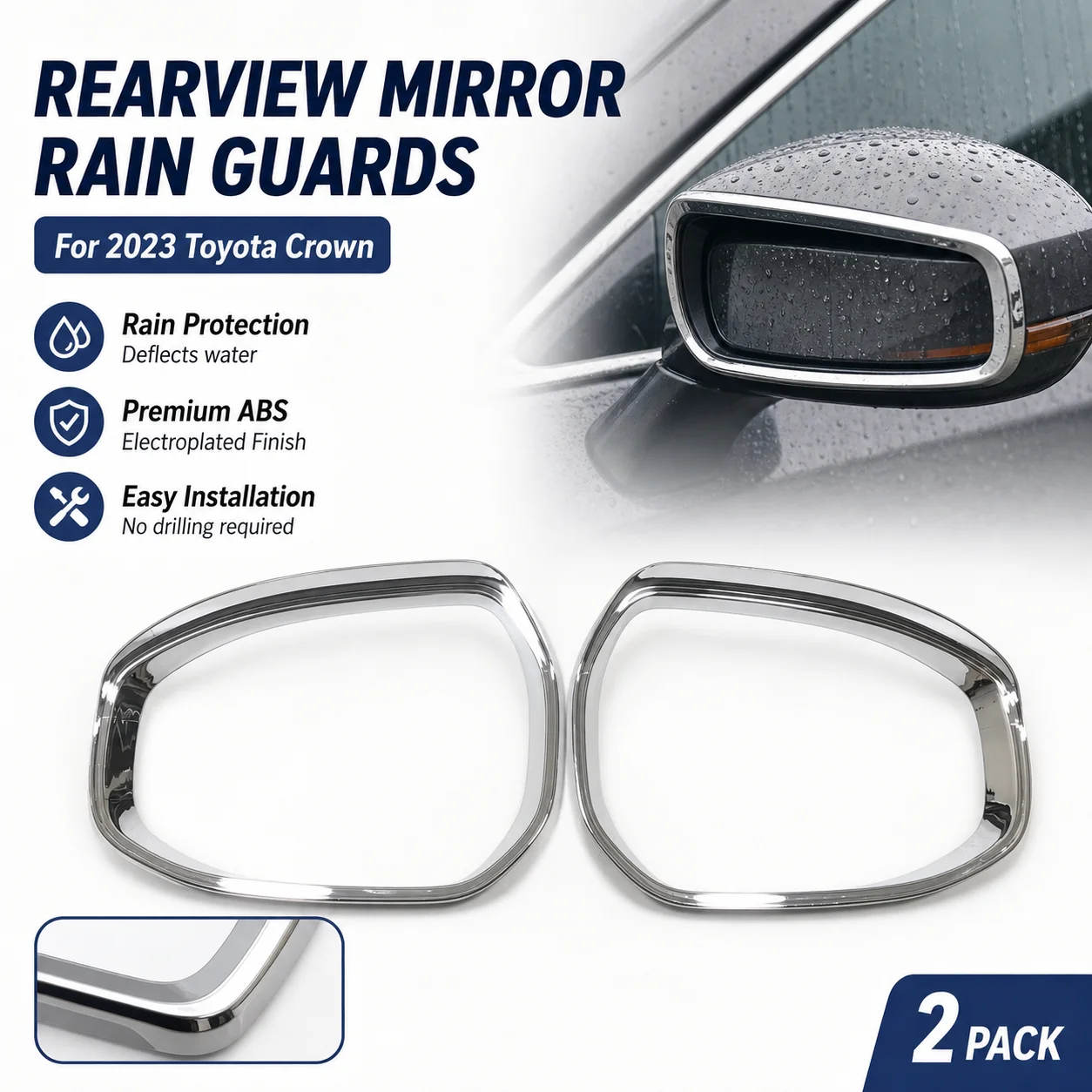 For 2023 Toyota Crown Rearview Mirror Rain Guards (2 Pack) Electroplated ABS
