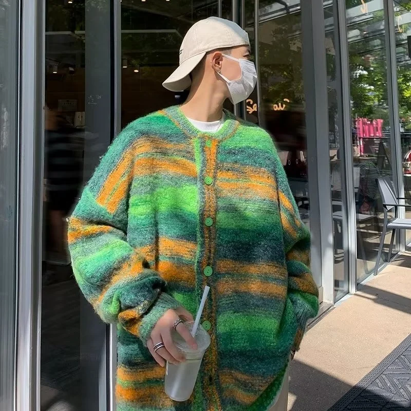 

Мужской вязаный свитер большого размера (250 фунтов) для осени и зимы, свободный крой, винтажный стиль, открытый кардиган, яркие цвета