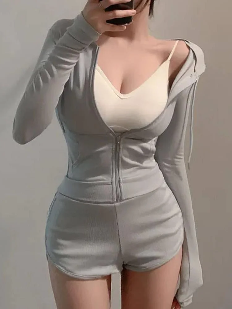 

Sexy Zipper Fitted Hoodie Jaet And orts Set for Women Korean Sle Pure Desire Faionable Two-Piece Suit Summer Collection