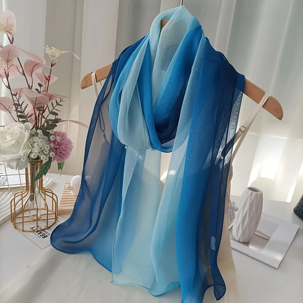 Gradient Color Print Design Women Silk Scarf Shawl Elegant Headscarf Convinient Bandage Hijabs Chiffon Muslim Wrap Scarves view 2