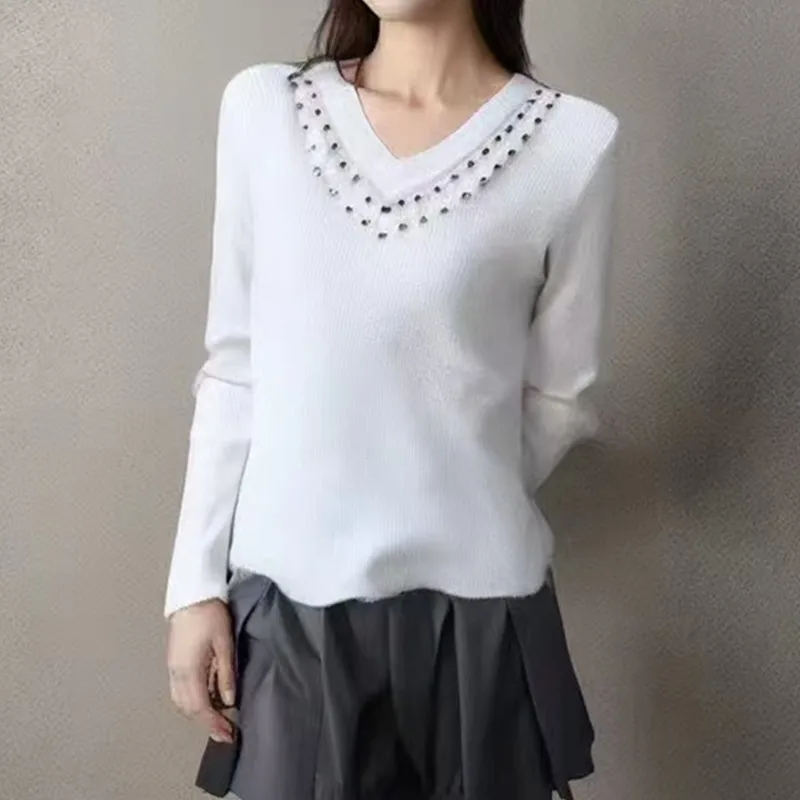البلوزات الديكور الخامس الرقبة محبوك سترة المرأة البلوفرات جديد أبيض كم طويل متماسكة سترة البلوز النساء بلايز تريكو Q1796 #3