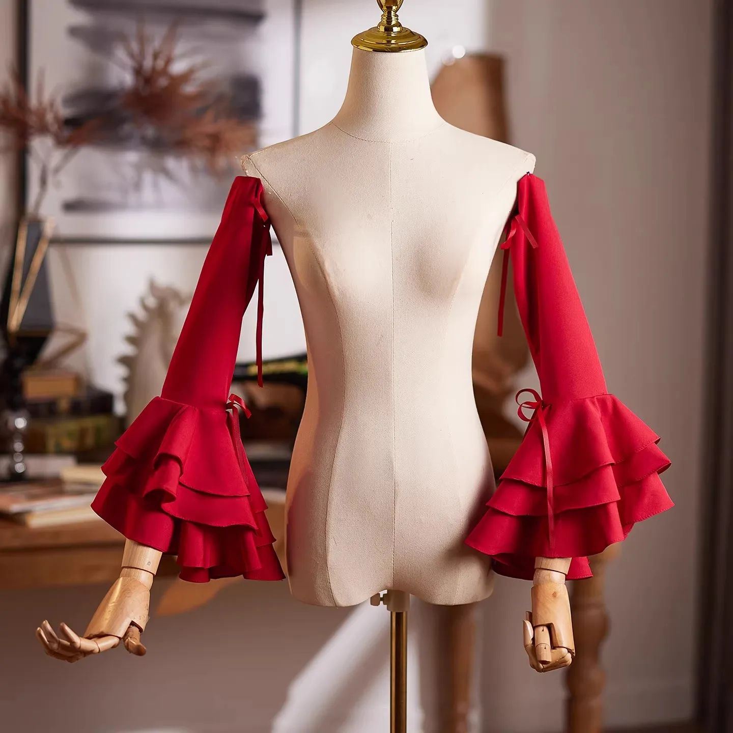Women's Elegant Designer Puff Wine Red Arm Sleeve Female Vintage Photography Formal Dress Performance Party Glove R712