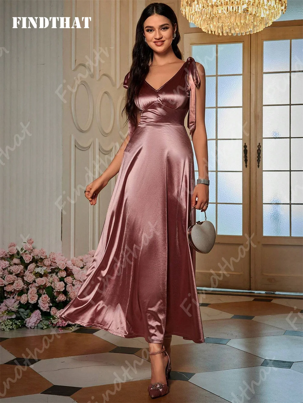 Findthat Elegant V-Neck Bridesmaid Dresses for Wedding 2024 Ankle-Length Sleeveless High Waist A-Line Evening Party Gowns Custom