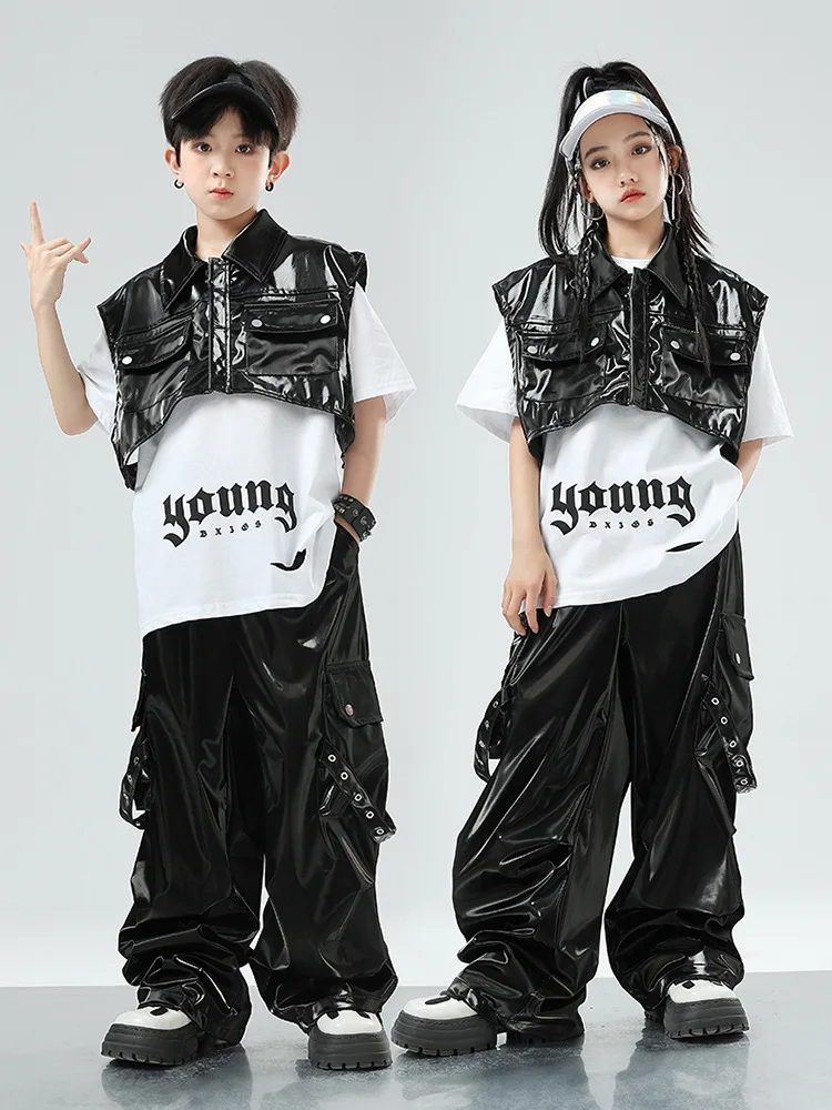 

Детский кожаный жилет в стиле хип-хоп для мальчиков, черные кожаные брюки-карго, уличная одежда для девочек, детская безрукавка, костюм в стиле панк