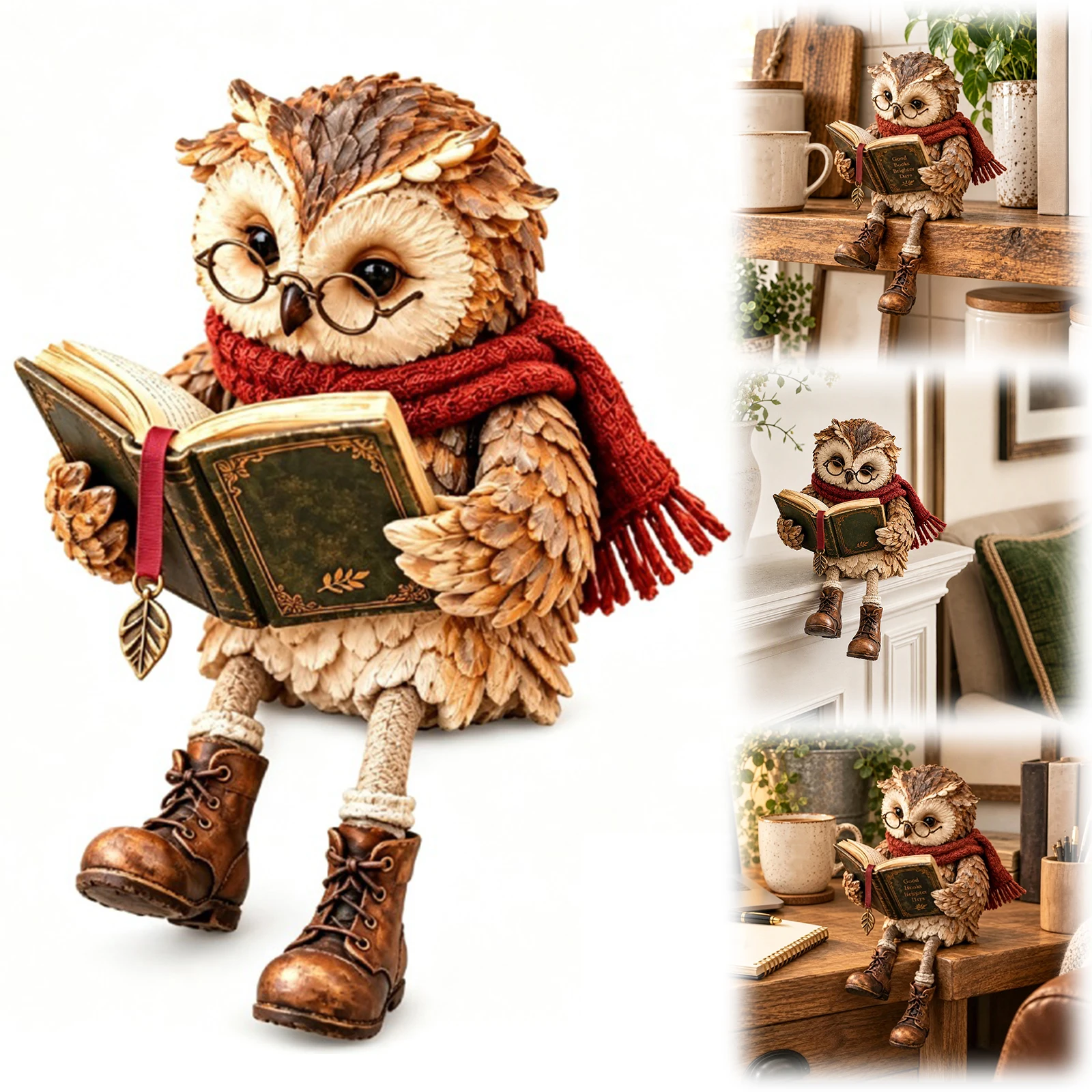 Resin Owl Reading Figurine Vintage Forest Style Desk Ornament Shelf Sitter Decor Gift
