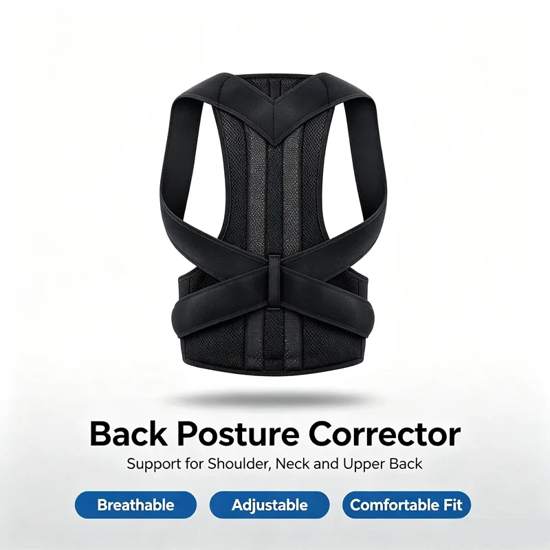 Back posture correction support, adjustable cross support straps, breathable mesh upper back and shoulder stabilizers