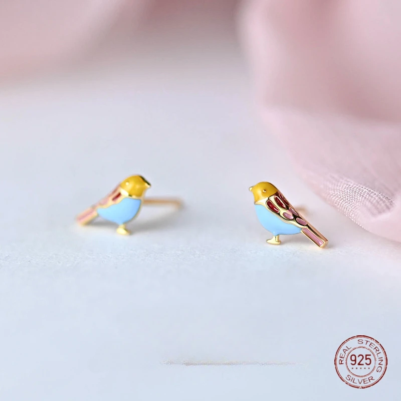 925 Sterling Silver Fashion Drop Glaze Colored Bird Stud Earrings Women Plated 18K Gold Quality Korean Jewelry Gifts