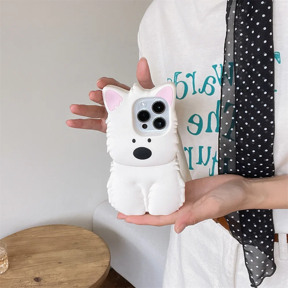 Korean Cute 3D West Highland White Terrier silicone phone case for iPhone 16  13 14 15Pro Max Fun cartoon protection soft cover