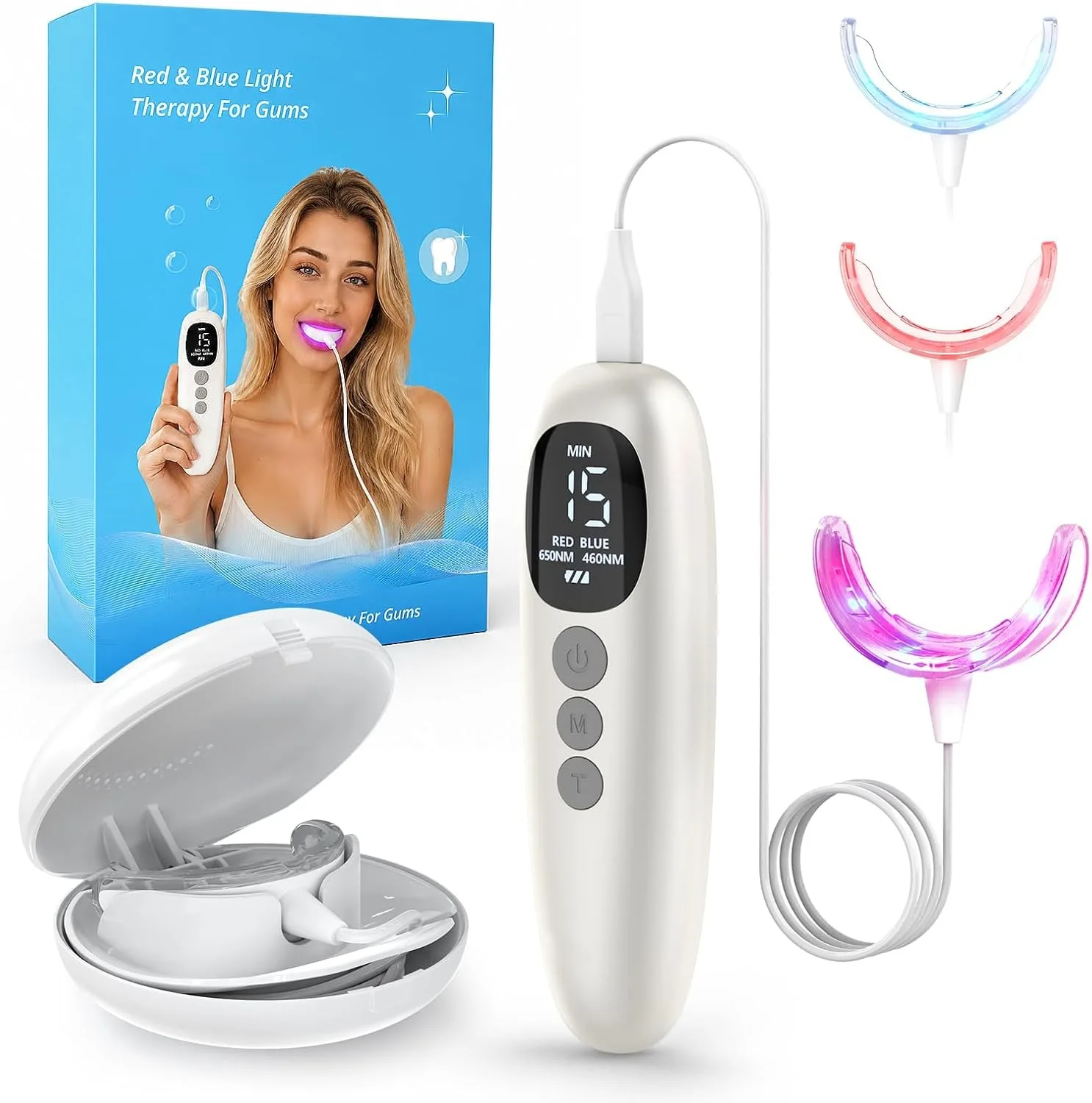 Smart LED Teeth Whitening Lamp RED+Blue Light Therapy for Gums LEDs Periodontal Light with Smart Controller Detachable Mouthpie