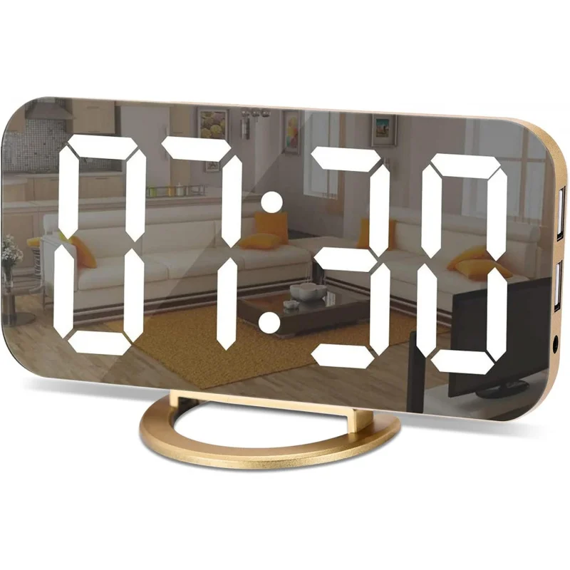 SZELAM Digital Alarm Clock,LED and Mirror Desk Clock Large Display,with Dual USB Charger Ports,3 Levels Brightness,12/24H,Modern