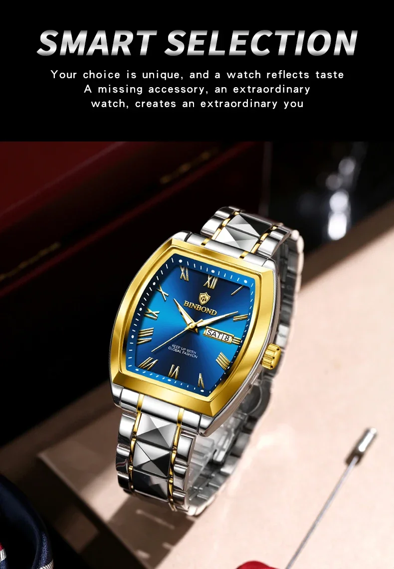 BINBOND 2pcs/Set Couple Quartz Watches Fashion Square Wateproof Lover Watch Luminous Date Week Men Ladies Casual Wristwatch