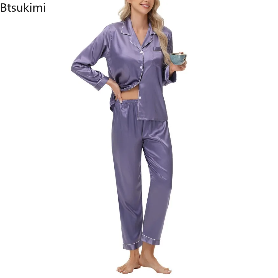 Women's Pajamas Set Soft Solid Satin Texture Silky Drape Long Sleeves and Trousers Home Clothes for Sleeping and Leisure Scenes