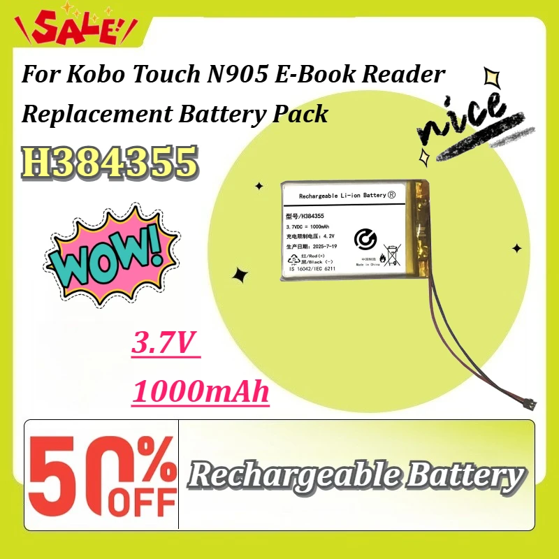 New H384355 3.7V 1000mAh Rechargeable Battery for Kobo Touch N905 E‑Book Reader Replacement Battery Pack