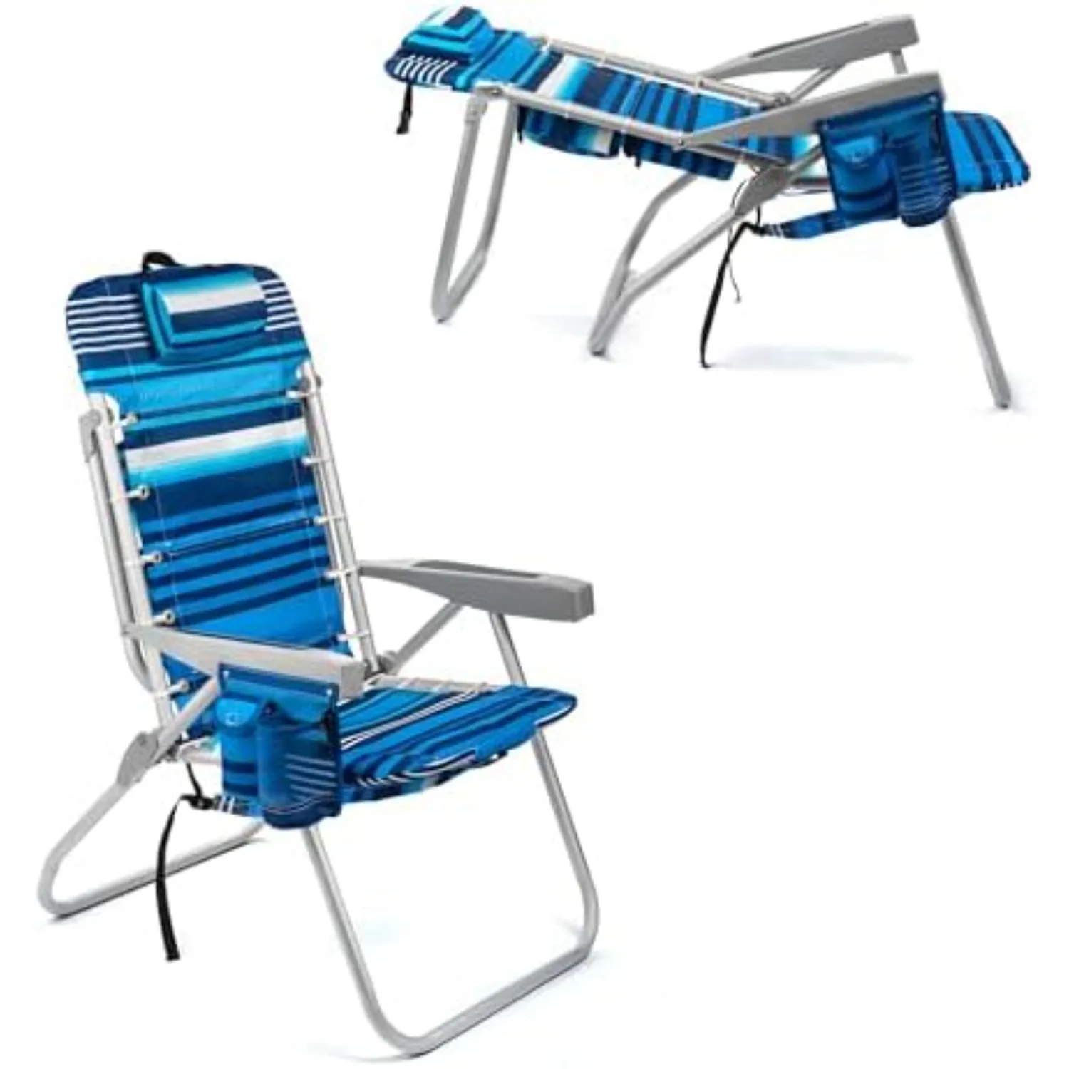 Cooler+ Folding Tall Backpack Beach Chair, High Tide Blue | High Seat Design 17in, Backpack Straps, Cup & Phone Holder