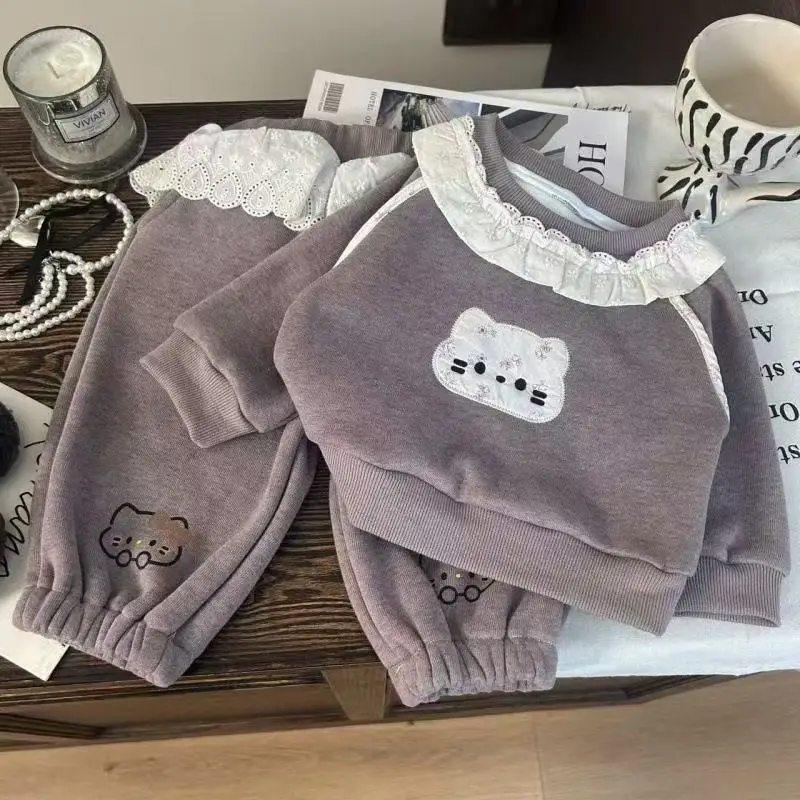 

Korean Version Children's Clothing Autumn Girls Knitted Sweater Lace Collar Suit Children's Cartoon Leisure Two-piece Set