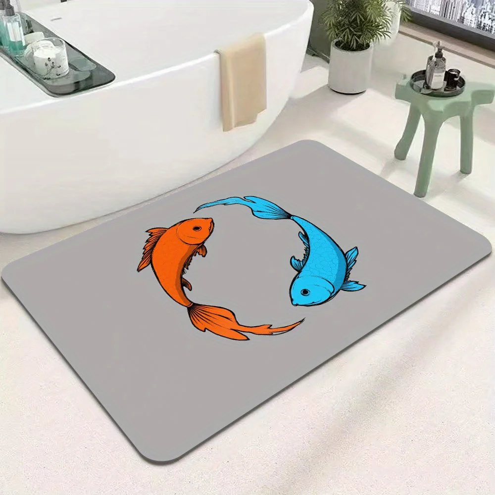 1pc Yin-Yang Koi Pattern Floor Mat, Machine Washable Polyester, Suitable for Bedroom and Living Room Decoration