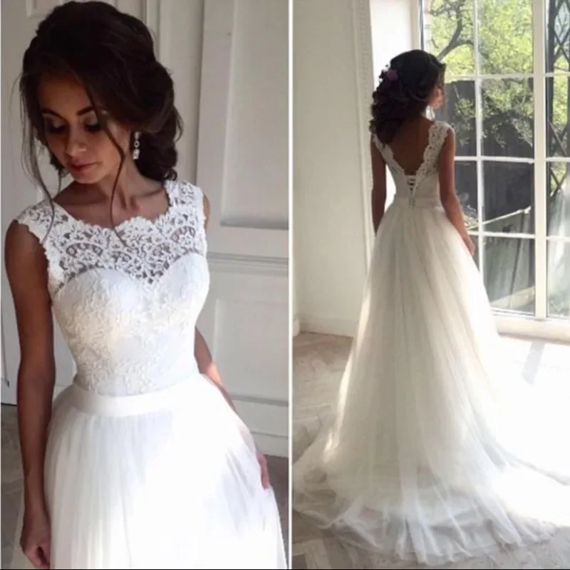 

2025 A Line Lace Beach Wedding Dresses Vestido de Noiva White Ivory Backless Tulle Bridal Dress Cheap Robe De Mariee Customized