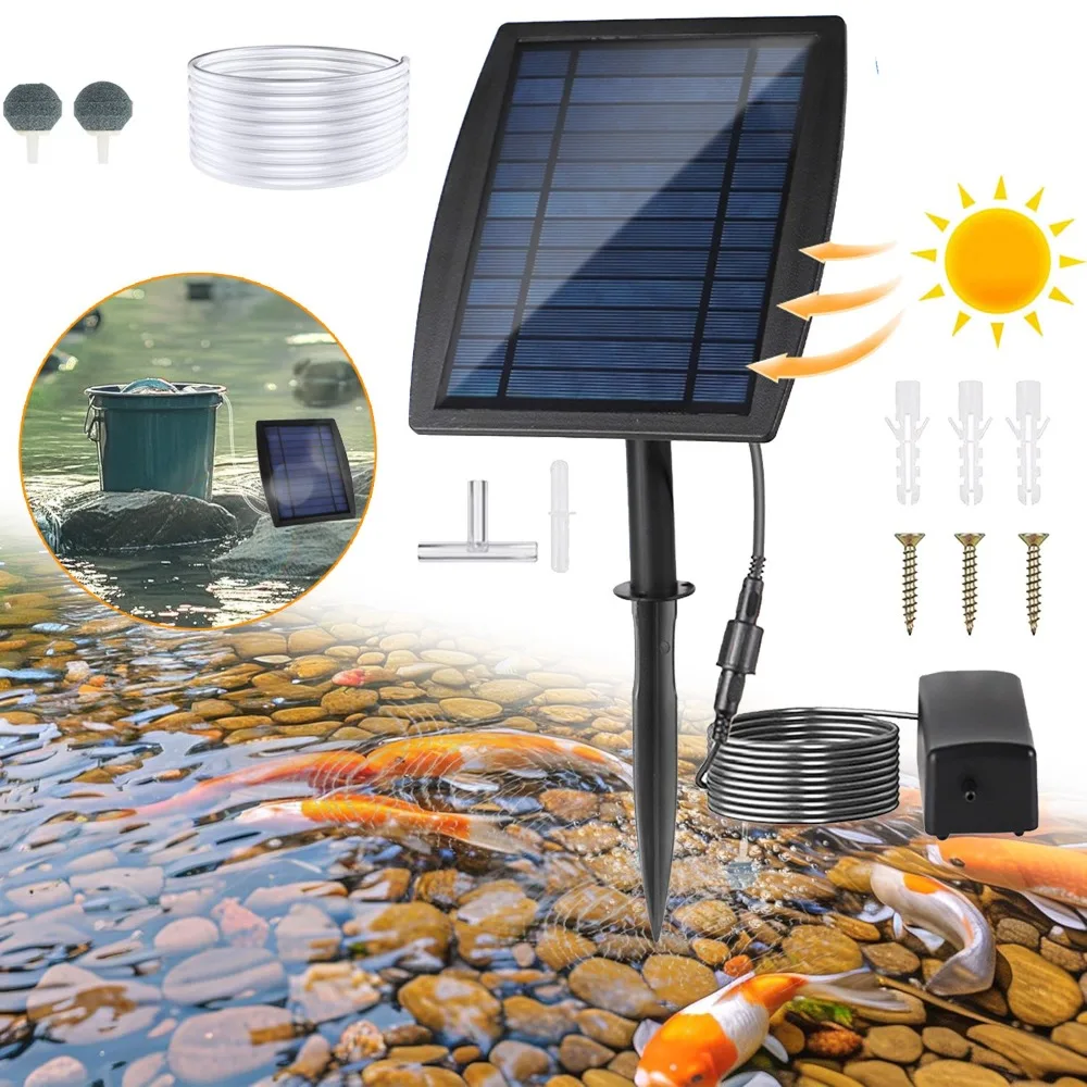 1 Ensemble Pompe à eau solaire pour aquarium, oxygénateur et pompe d'aération pour la circulation de l'eau des piscines extérieures, étangs et jardins