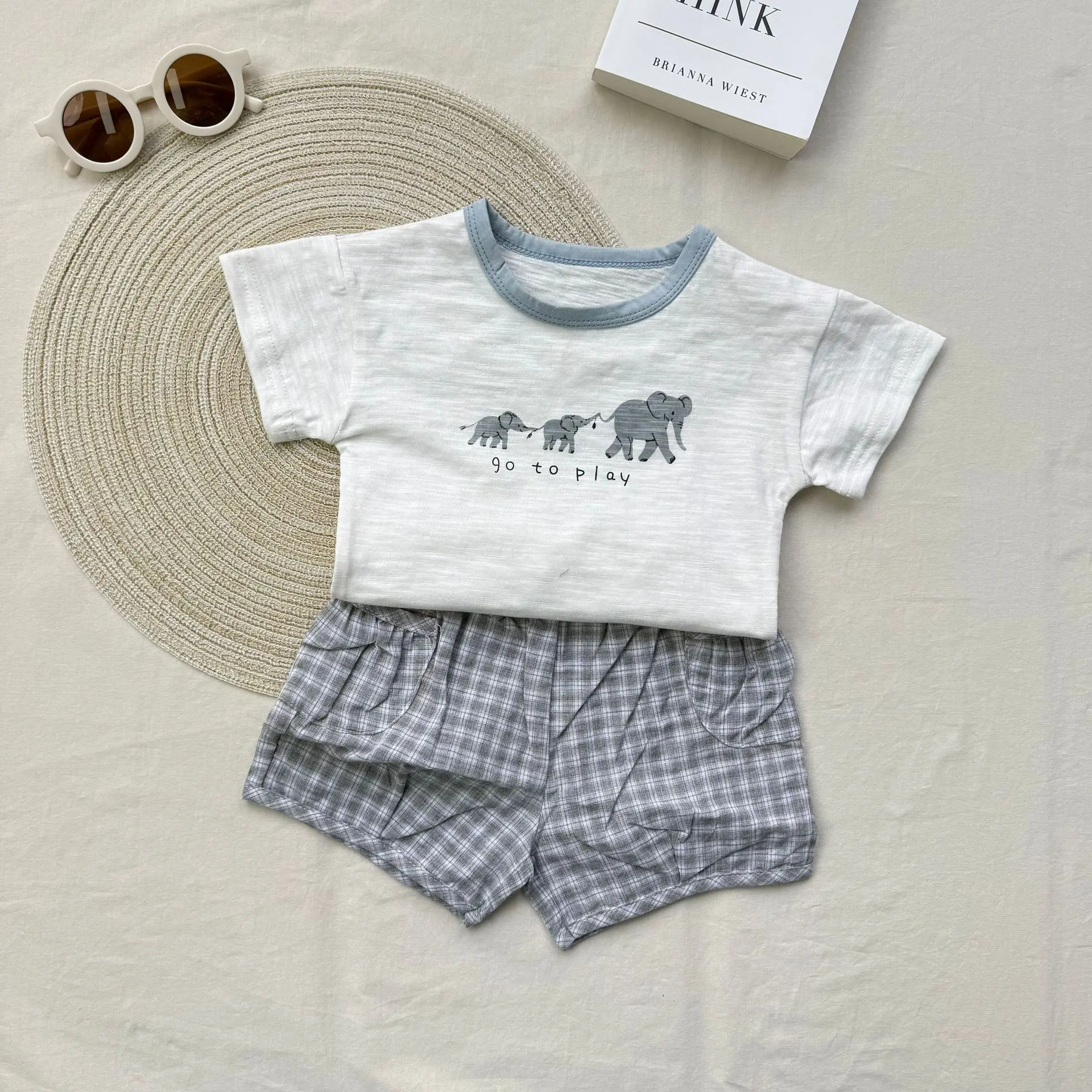 

2025 Summer New Baby Short Sleeve Clothes Set Boy Girl Cartoon Print T Shirts + Plaid Shorts 2pcs Suit Infant Cotton Casual Set