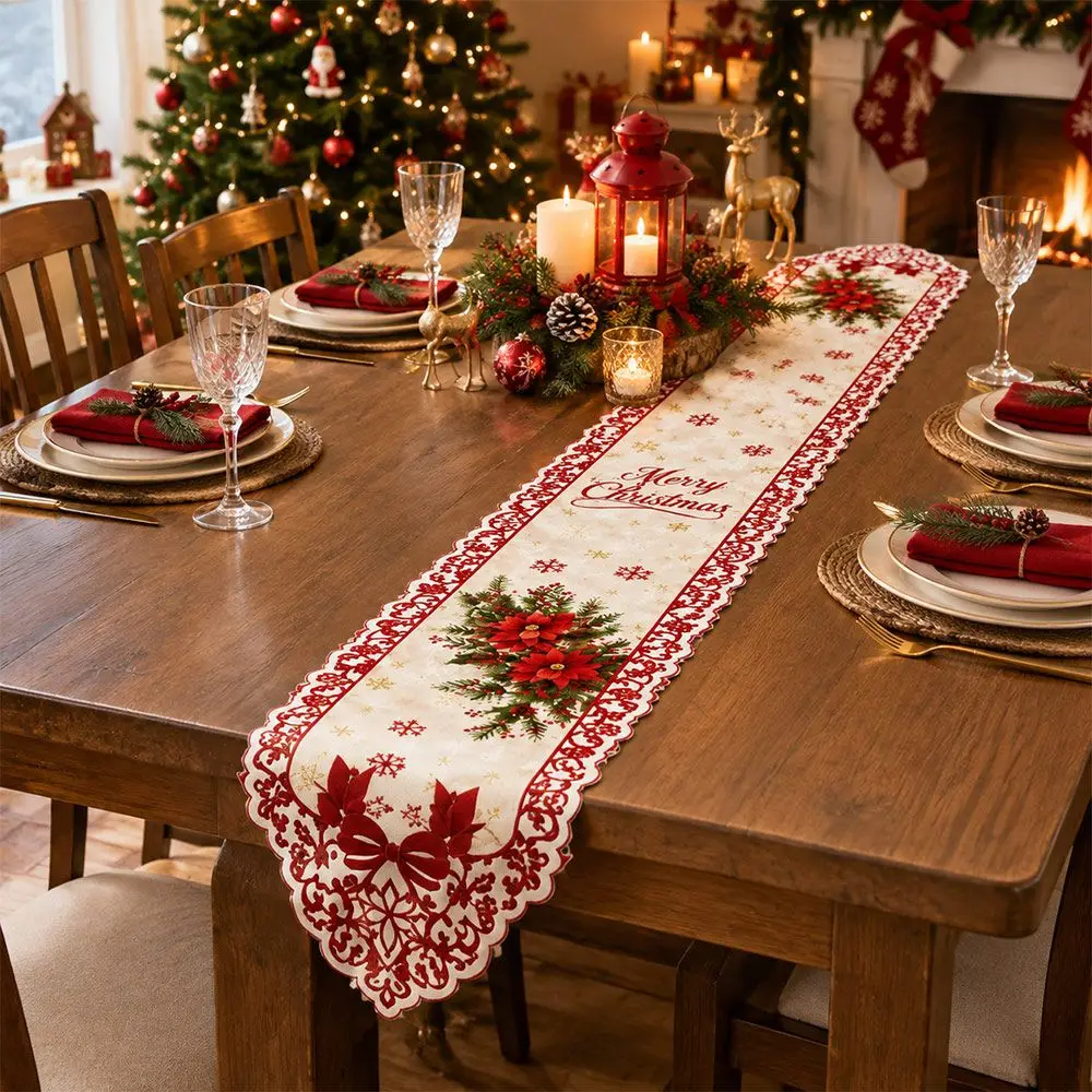 New Lace Edge Christmas Table Runner Christmas Print Classic Hollow Holiday Table Runner Table Cloth Flag Festive Table Decor
