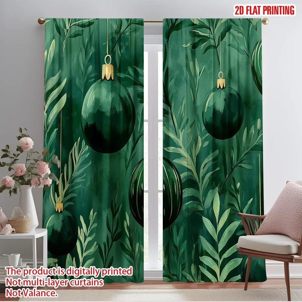 2pcs,2D plane printing Pattern Curtains Emerald Christmas Ornaments Green (2) Polyester (without rod) Decorations For Home for