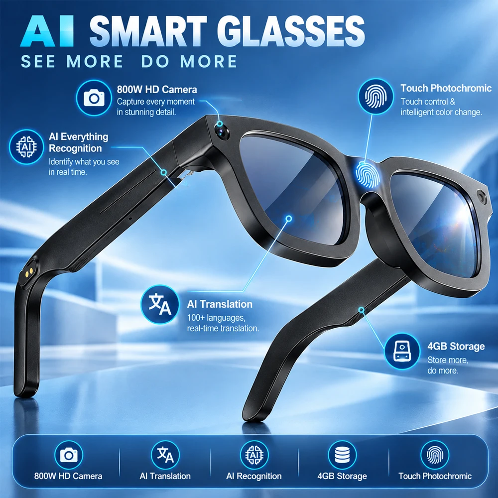 YAOCX Lunettes Intelligentes 800W Caméra Pixel 4 Go de Stockage Enregistrement Traduction Écran Tactile Verres Photochromiques Appel Bluetooth Lunettes de Soleil 2026