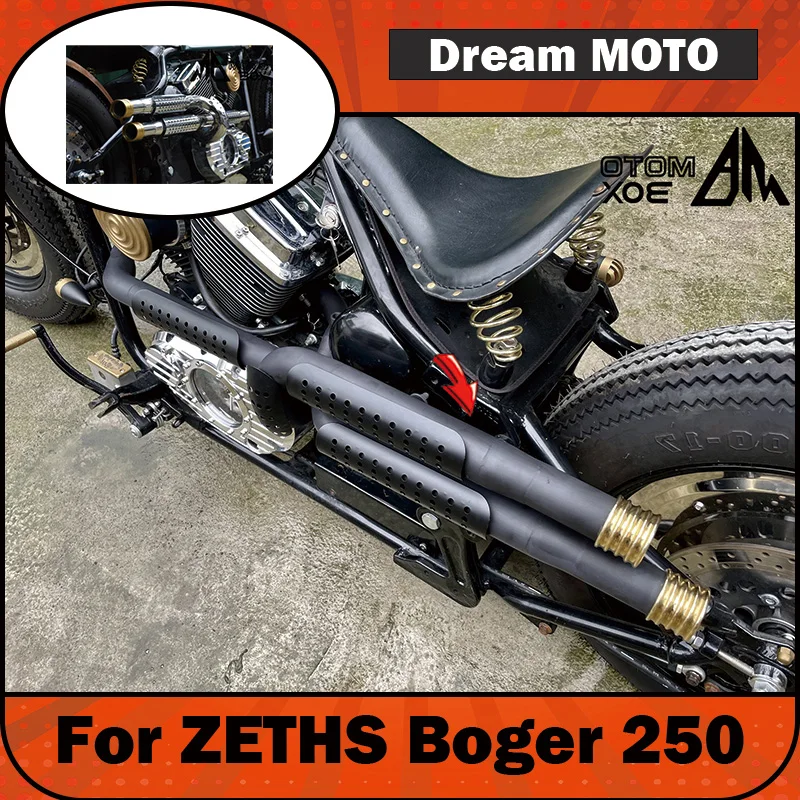 【Premium】For ZETHS Boger 250 modified high-mounted exhaust pipe features stainless steel and brass polished exhaust, with built-