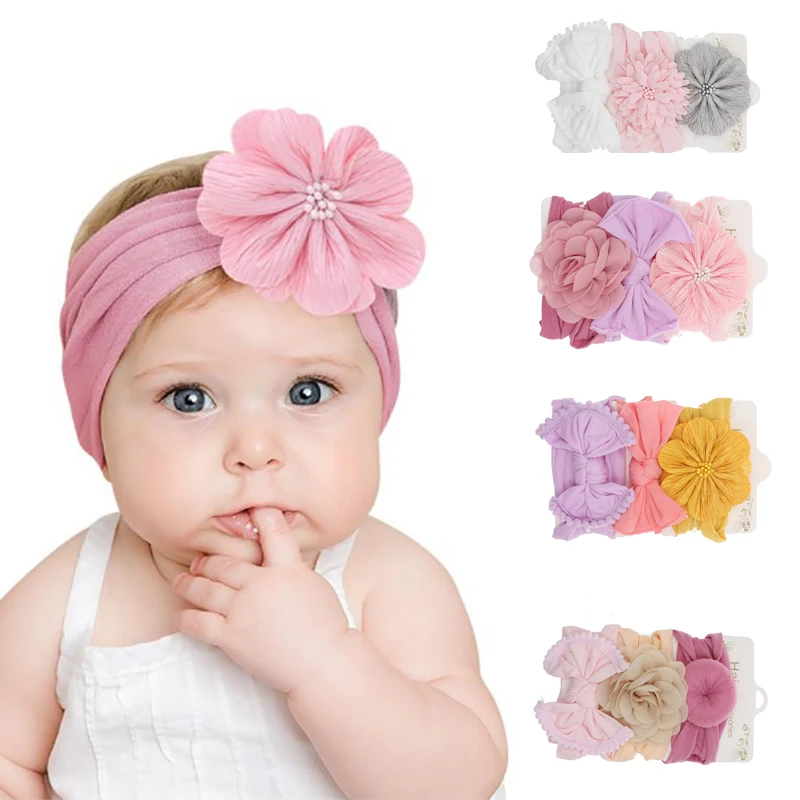 3 Pcs Set Baby Nylon Headbands Elastics Handmade Headwrap for Baby Girls Newborn Infant Toddlers Kids