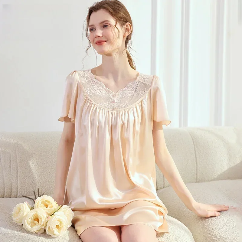 100% Mulberry Silk Nightgown Loose Female Short Sleeve Nightdress Sexy Lace Sleepshirt Pajama Dress V Neck Soft Underwear Nighty
