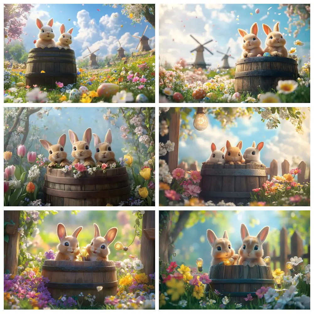 

Happy Easter Backdrop Spring Natural Scenery Garden Rabbit Eggs Bunny Easter Adult Kids Portrait Photography Background Decor