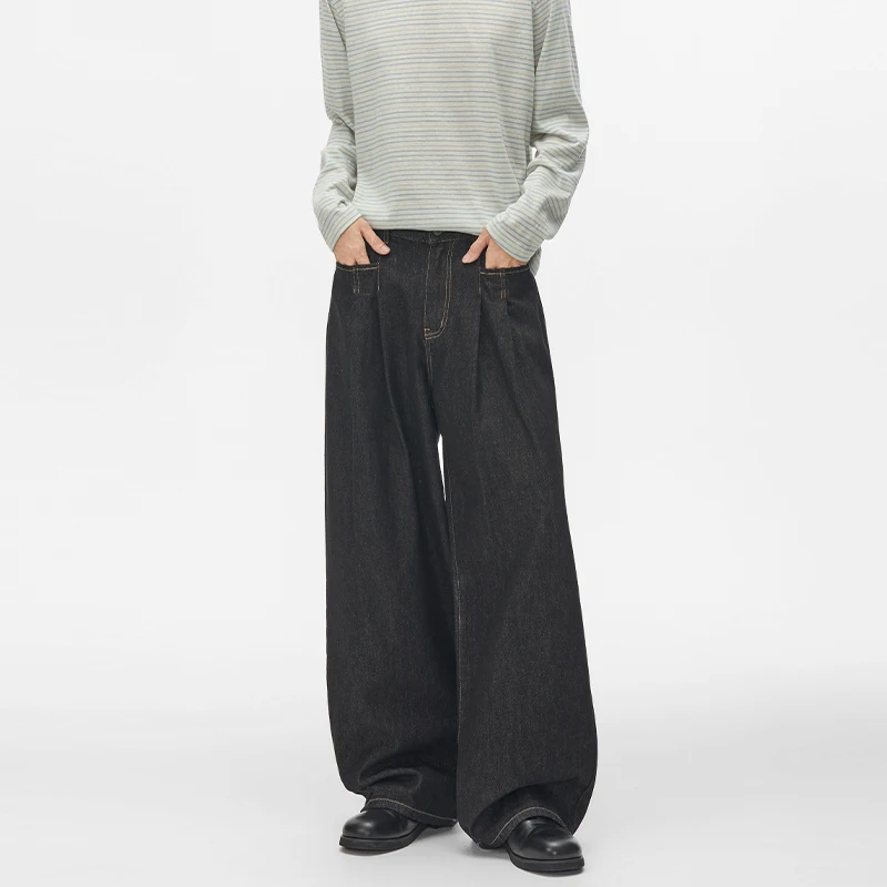 Autumn Japanese Style Trendy Raw Denim Black Wrinkled Loose Straight Leg Men's Jeans Design Denim Lantern Pants V51G
