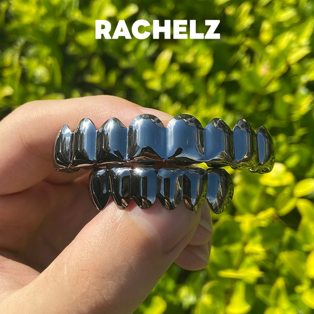 RACHELZ Hip Hop 8/6 Cor Preta Dentes Grillz Punk Top Bottom Brilhante Tampas de Dentes Decoração Para Mulheres Homens Jóias Halloween Cosplay
