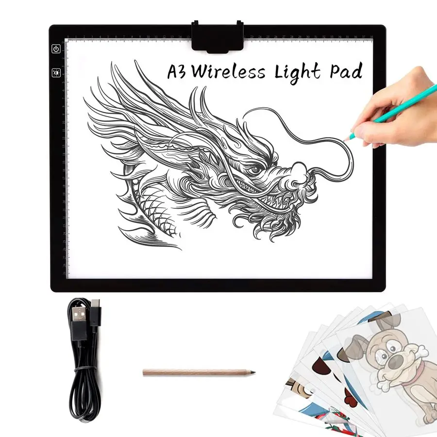 

A3 Rechargeable Battery Powered Led Light Tracing Pad with Builtin Stand, Magnetic Clip, 6Level and Stepless 3 Colors Dimming Br
