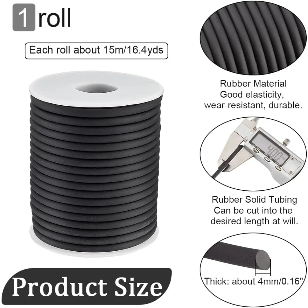 16.4 Yards/15m Solid Rubber Cord, 4mm Black White Plastic Rope Rubber Tubing Cord Round Elastic Cord Beading Crafting Stretch