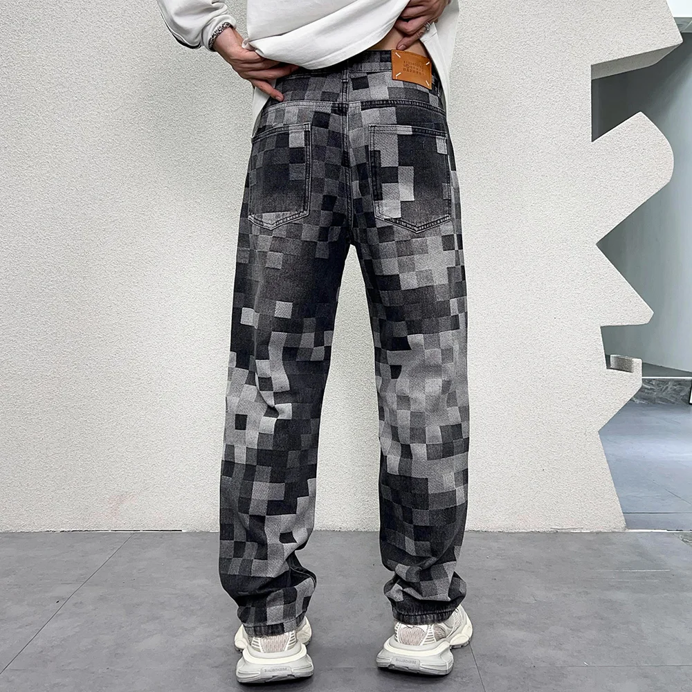 Men Check Jacquard Weave Denim Jeans Plaid Pattern Cotton Pants Loose Straight Trousers Black Blue