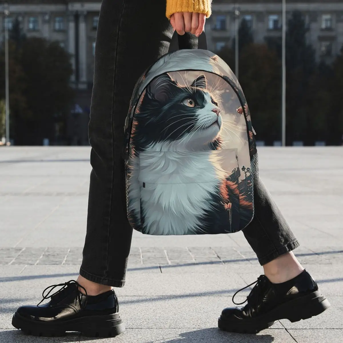 Vintage Cat And Flower Under The Moon Backpack Student BookBag Children School Bag Laptop Shoulder Bags for Men Women