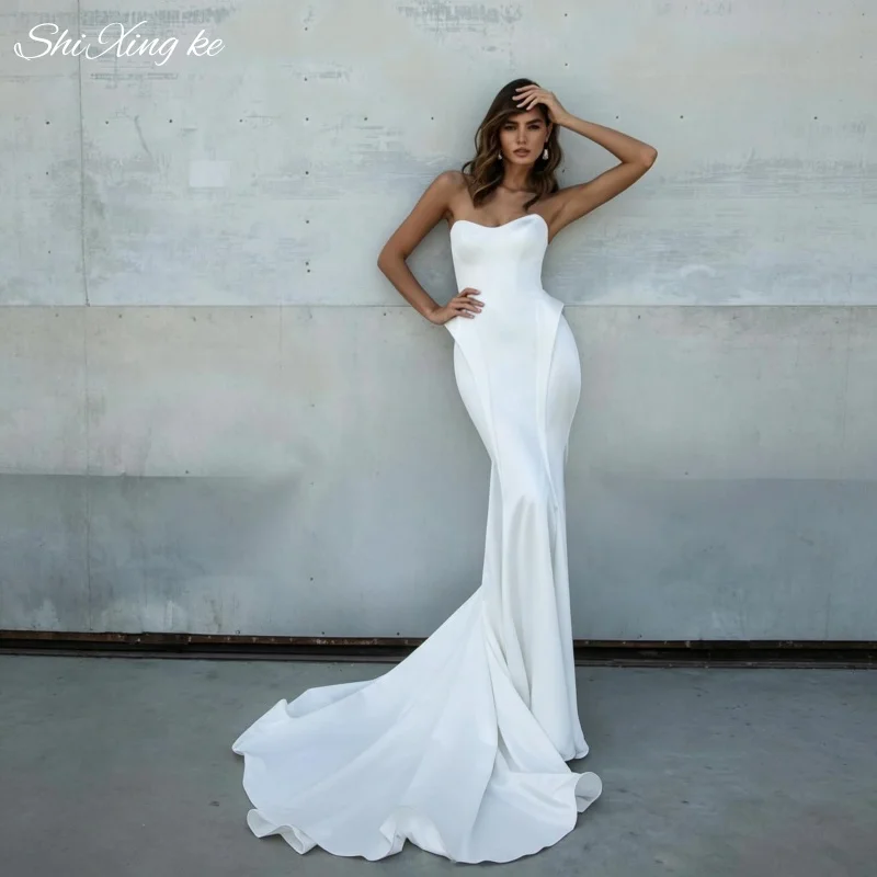 2026 Strapless Satin Mermaid Wedding Dress Simple Modern Court Train Bridal Gown Vestidos de Novia Customized