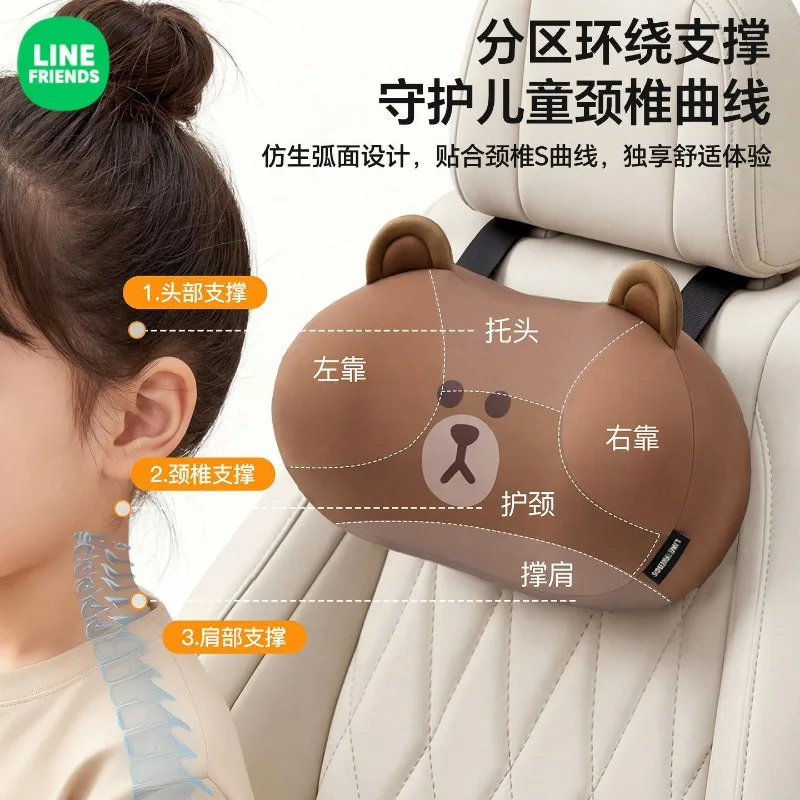 Neues Line Friends braunes Auto-Nackenkissen mit hohem Farbwert, Cartoon-Puppen-Print, niedliches Paar, schlicht, vielseitig, für alle Jahreszeiten geeignet, Kopfstütze – Detail 3